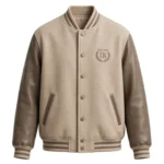 custom beige wool varsity jacket taupe leather sleeves 10 number towel chenille DS logo taupe stripes rib DEMAIR SPORTS