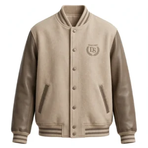 custom beige wool varsity jacket taupe leather sleeves 10 number towel chenille DS logo taupe stripes rib DEMAIR SPORTS