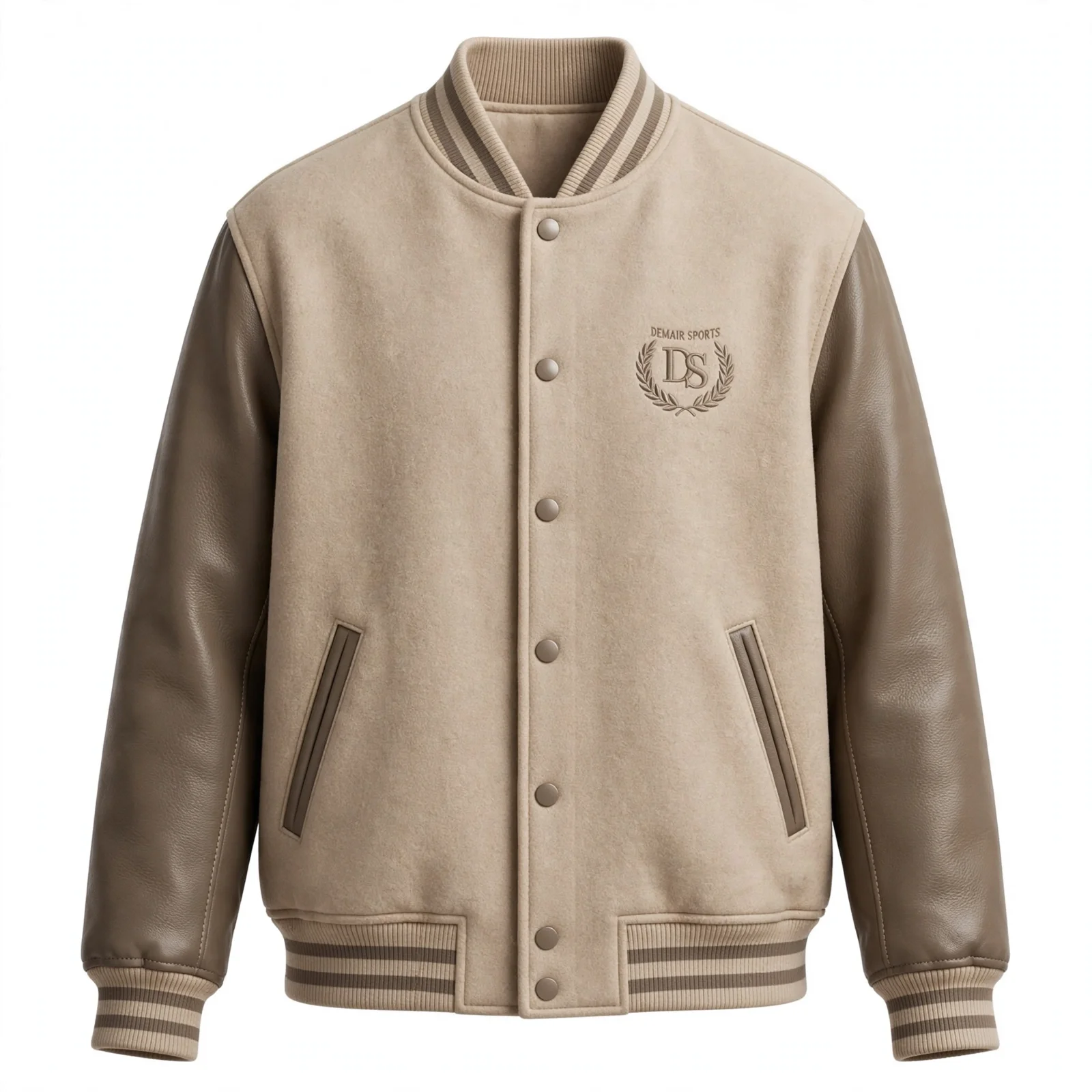 beige varsity custom beige wool varsity jacket taupe leather sleeves 10 number towel chenille DS logo taupe stripes rib DEMAIR SPORTS