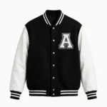 custom black wool varsity jacket white leather sleeves 69 number towel chenille 2 white stripes rib collar DEMAIR SPORTS