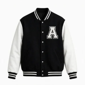 custom black wool varsity jacket white leather sleeves 69 number towel chenille 2 white stripes rib collar DEMAIR SPORTS