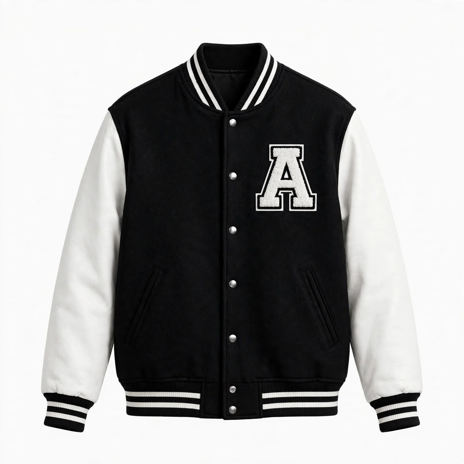 black varsity jacket custom black wool varsity jacket white leather sleeves 69 number towel chenille 2 white stripes rib collar DEMAIR SPORTS