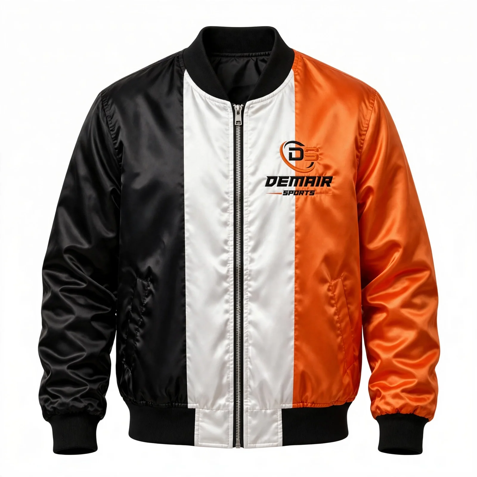 bomber jacket custom-3-color-satin-bomber-jacket-black-white-orange
