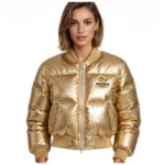 Custom Women's Gold Cropped Puffer Bomber Jacket - metallic shiny nylon - private label manufacturer