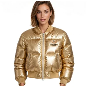 Custom Women's Gold Cropped Puffer Bomber Jacket - metallic shiny nylon - private label manufacturer