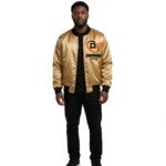 chenille embroidery satin bomber jacket manufacturer Pakistan front view gold DEMAIR SPORTS
