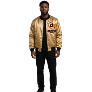 chenille embroidery satin bomber jacket manufacturer Pakistan front view gold DEMAIR SPORTS