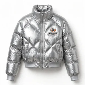 Women's Silver Metallic Cropped Puffer Jacket - Shiny Bomber Jacket | DEMAIR SPORTS