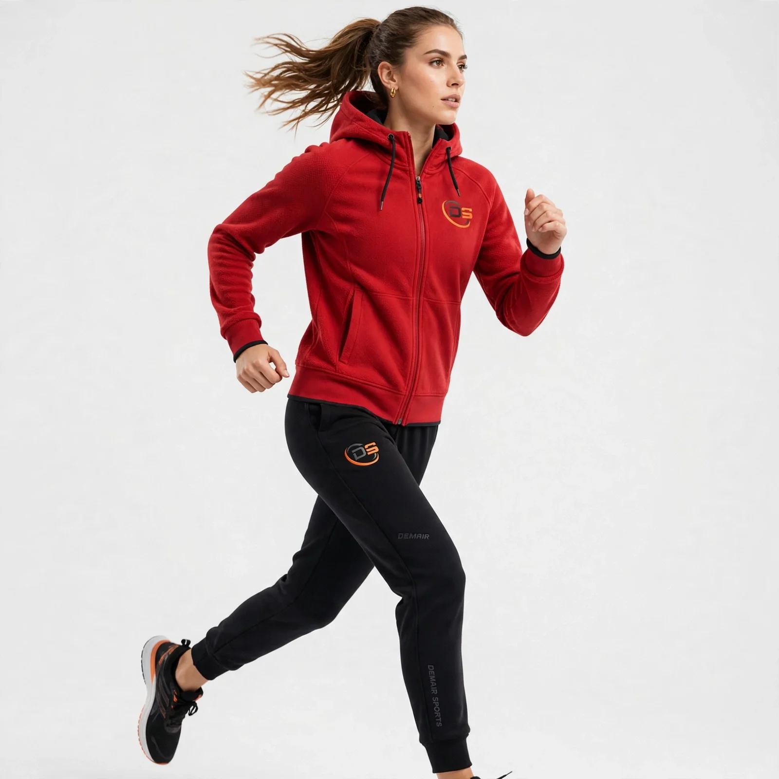 Jogging Tracksuit custom womens tech fleece tracksuit red jacket black pants front running – manufacturer Pakistan – DEMAIR SPORTS