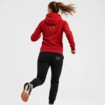 womens tech fleece tracksuit back view running – red hooded jacket black joggers – manufacturer Pakistan