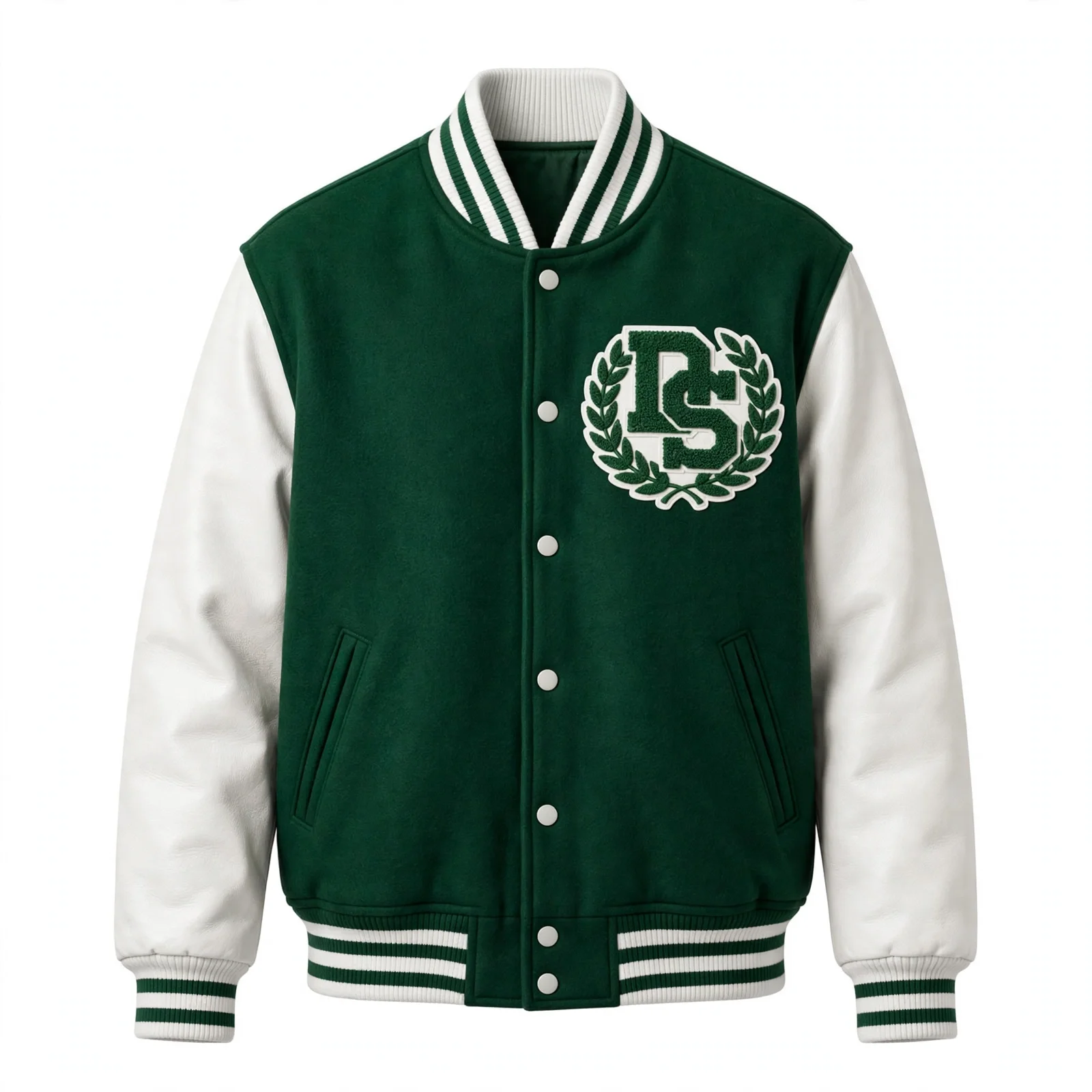 varsity jacket green Custom Green Wool Varsity Jacket Manufacturer White Leather Sleeves 89 | DEMAIR SPORTS