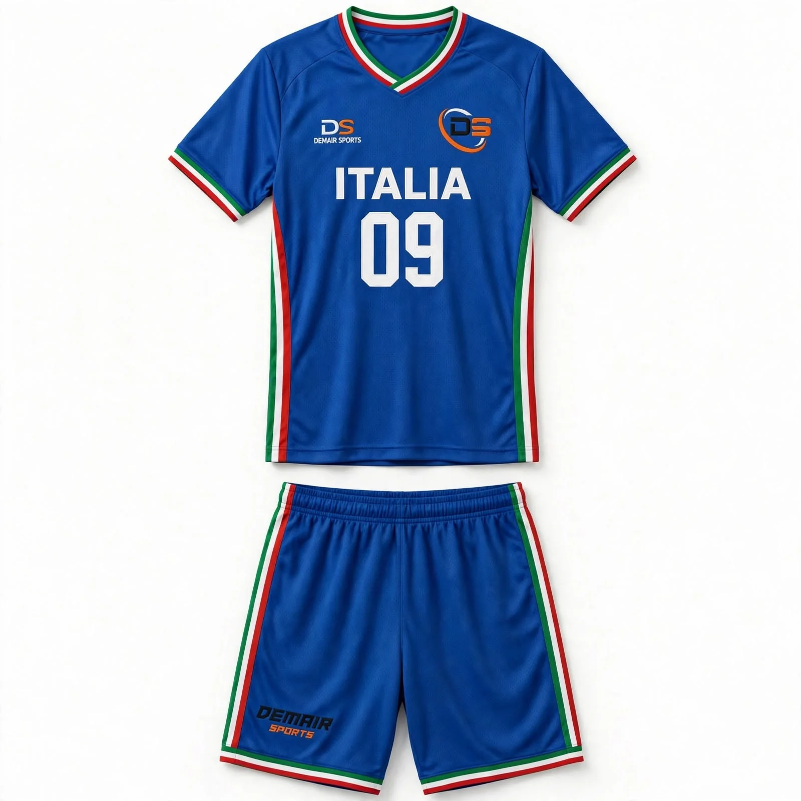 Italy soccer uniforms set custom italy style soccer jersey and shorts blue azzurri italia 09 front view - demair sports