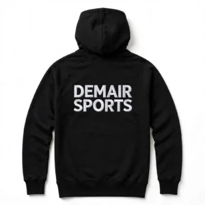 Black MMA hoodie back view with large DEMAIR SPORTS 3D puff embroidery - private label MMA hoodie manufacturer Sialkot