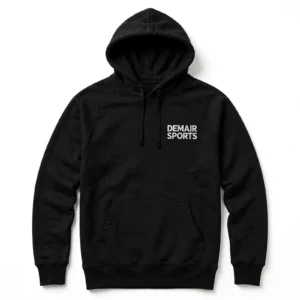 Private label MMA hoodie front view with DEMAIR SPORTS embroidered logo - custom MMA hoodie manufacturer Sialkot Pakistan
