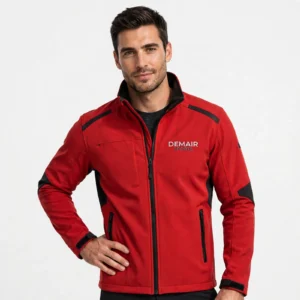Custom Red Softshell Jacket Front Side Back View - DEMAIR SPORTS Manufacturer Sialkot - MOQ 10 Free Sample