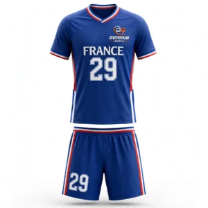 custom france style soccer jersey and shorts blue france 29 front view - demair sports