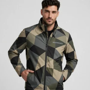 Custom camo jacket manufacturer Sialkot - DEMAIRSPORTS geometric camo jacket front view free sample MOQ 10 - DEMAIR SPORTS