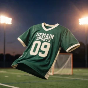 Custom green football jersey front view with DEMAIR SPORTS 09 white tackle twill applique name and number - mesh fabric - DEMAIR SPORTS manufacturer
