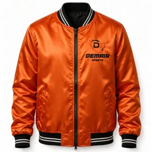 wholesale custom bomber jackets manufacturer supplier Sialkot Pakistan DEMAIR SPORTS - orange satin bomber jacket