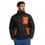 Black puffer winter jacket with orange chest and side zip pockets custom logo manufacturer