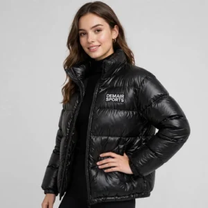 Women's Black Shiny Bubble Puffer Jacket - Stylish Front Pose - Custom Jacket Manufacturer Low MOQ 10 Pcs - DEMAIR SPORTS Sialkot Pakistan