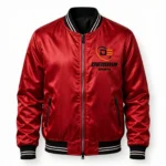 custom red satin bomber jacket with zip - DEMAIR SPORTS - custom varsity and bomber jackets manufacturer Pakistan