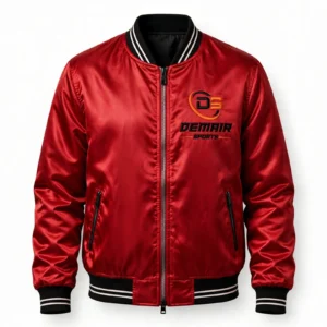 custom red satin bomber jacket with zip - DEMAIR SPORTS - custom varsity and bomber jackets manufacturer Pakistan